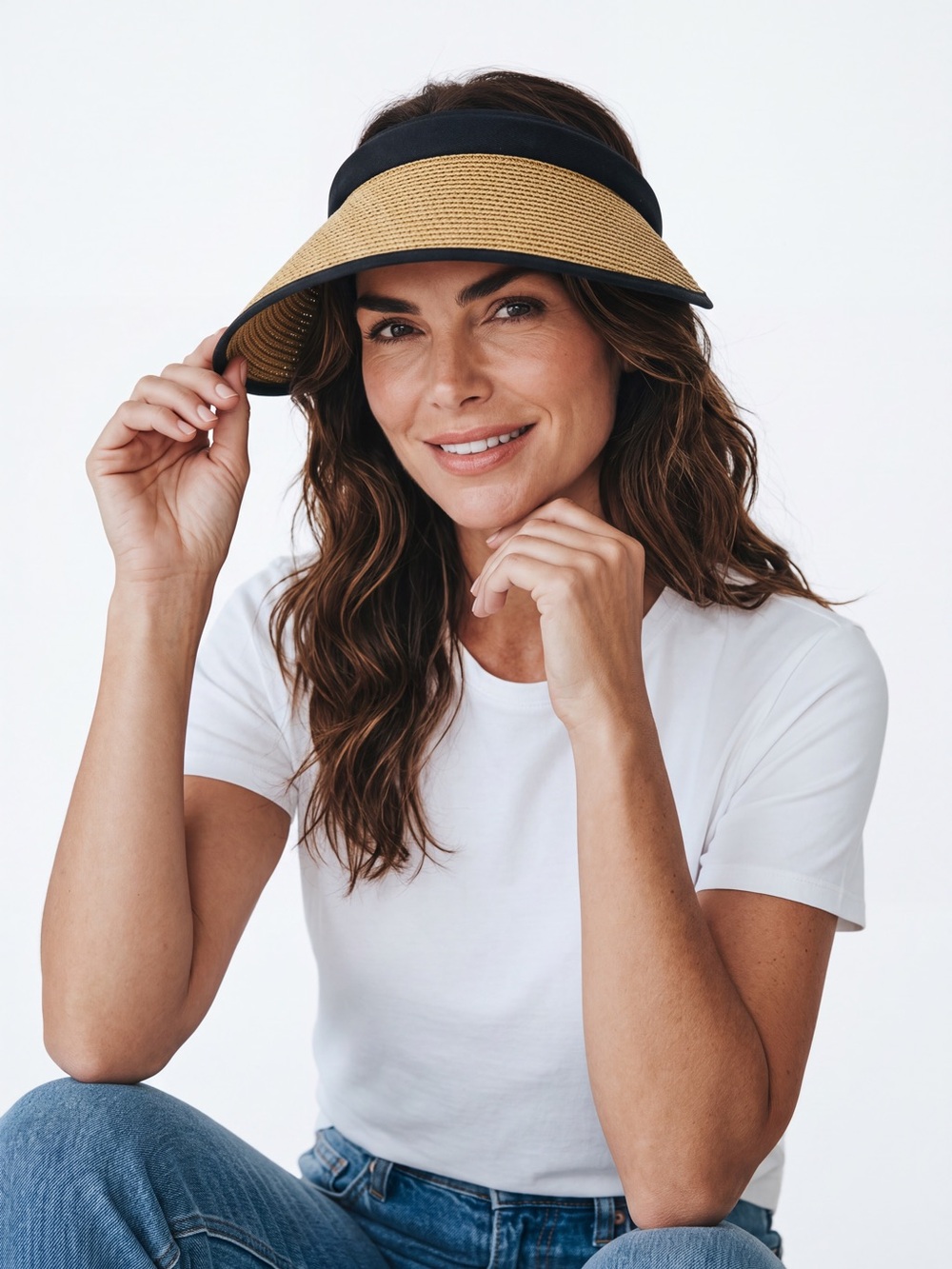4/$20 Natural Straw Wide Brim Sun Visor Black Trim One Size Paper Cotton